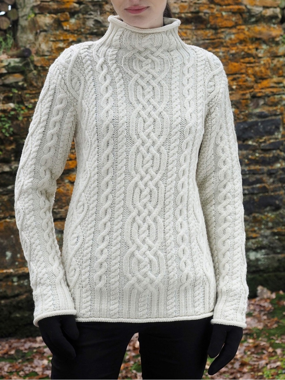 Aran Crafts 100% Merino Wool Cream Cable Knit Texture Funnel neck Sweater